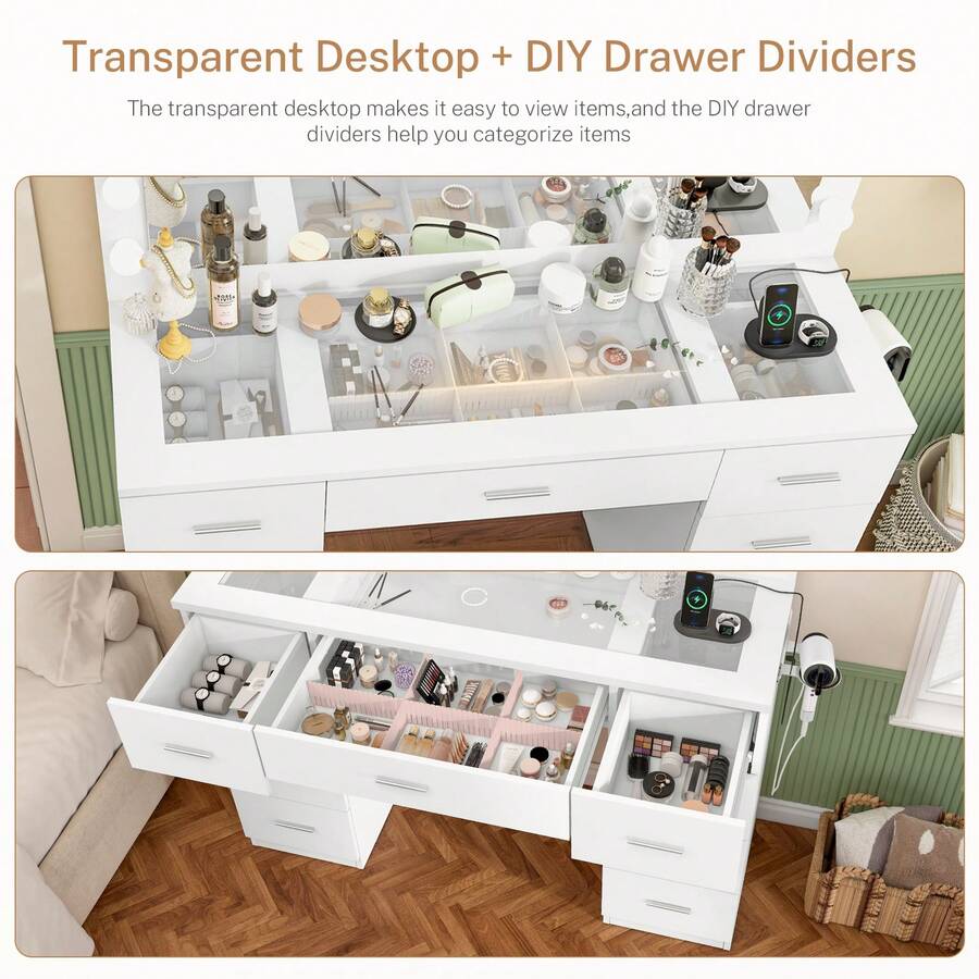 46-Inch Glass-Top Vanity with 9 Drawers & Lighted Mirror