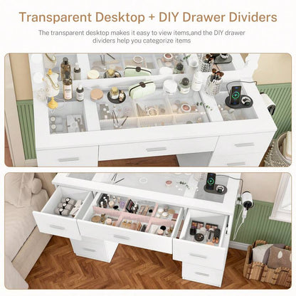 46-Inch Glass-Top Vanity with 9 Drawers & Lighted Mirror