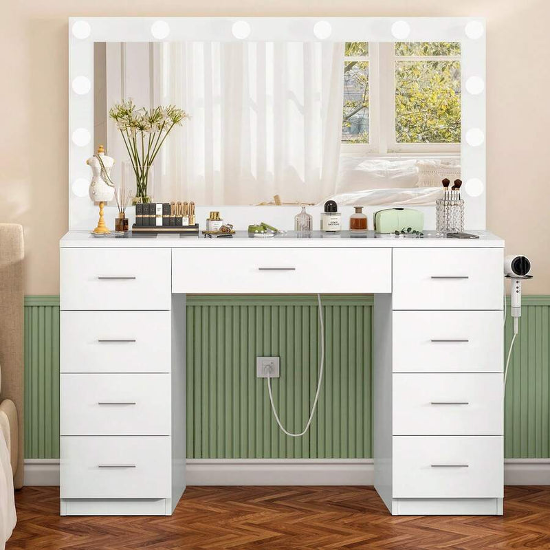 46-Inch Glass-Top Vanity with 9 Drawers & Lighted Mirror