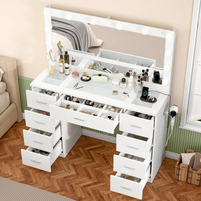 46-Inch Glass-Top Vanity with 9 Drawers & Lighted Mirror