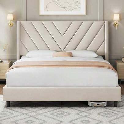 Queen Upholstered Bed Frame with Channel-Tufted Headboard