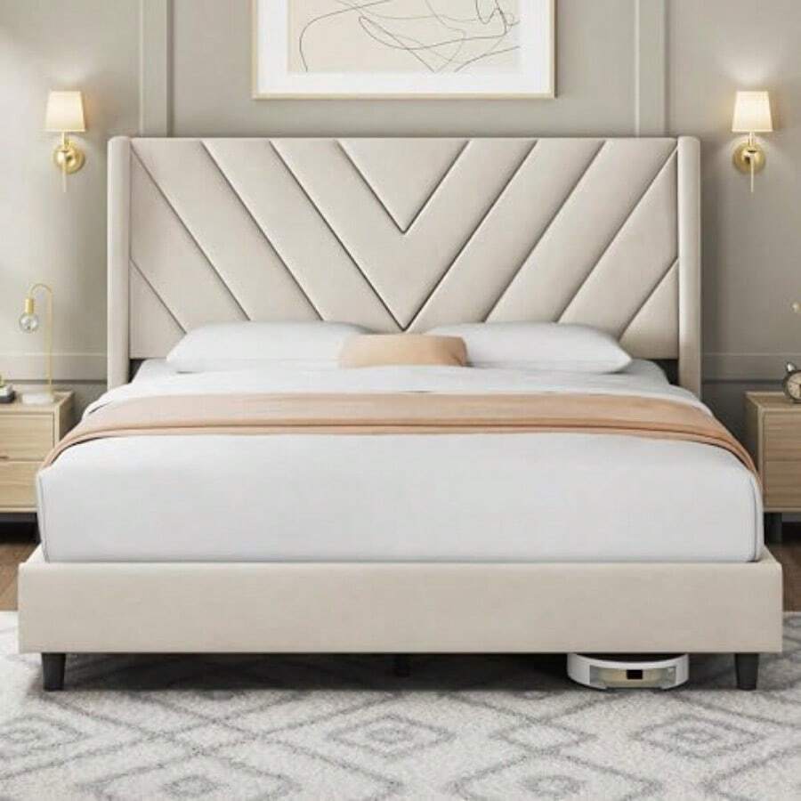 Queen Upholstered Bed Frame with Channel-Tufted Headboard