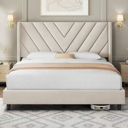 Queen Upholstered Bed Frame with Channel-Tufted Headboard
