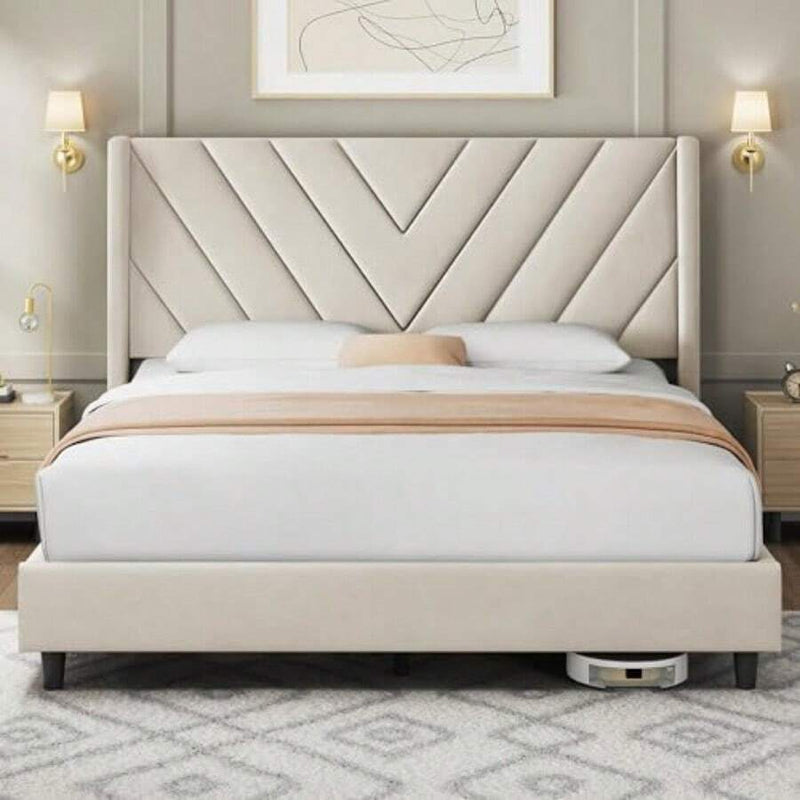 Queen Upholstered Bed Frame with Channel-Tufted Headboard