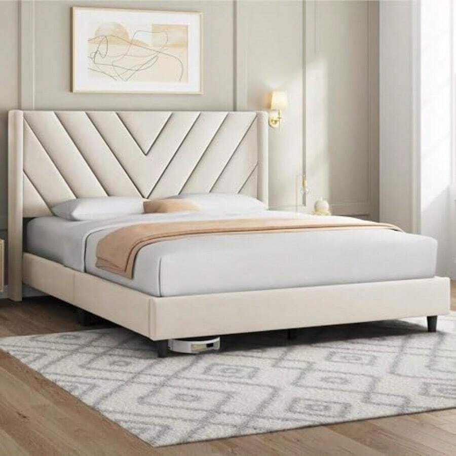Queen Upholstered Bed Frame with Channel-Tufted Headboard