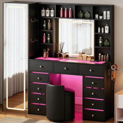 Full-Length Mirror Vanity with 11 Drawers & LED Lighting