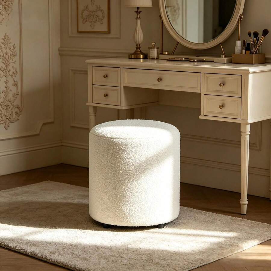Round Teddy-Fleece Vanity Stool & Footrest