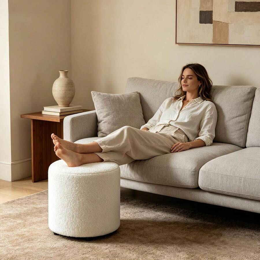 Round Teddy-Fleece Vanity Stool & Footrest