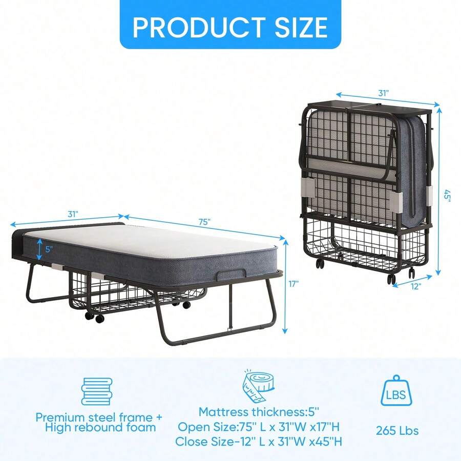 Rollaway Folding Guest Bed with 5-Inch Foam Mattress