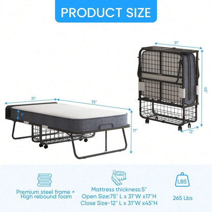 Rollaway Folding Guest Bed with 5-Inch Foam Mattress