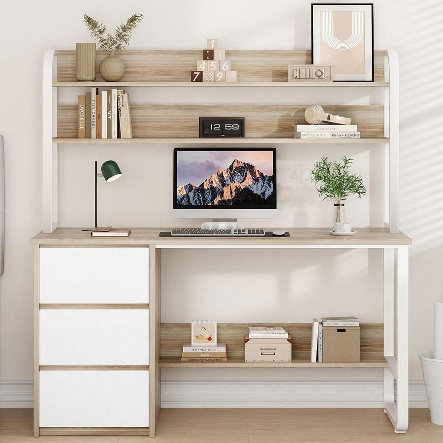 Home Office Desk with Hutch, 3 Drawers & Shelves