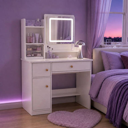 Square-Mirror LED Vanity Desk with Side Storage