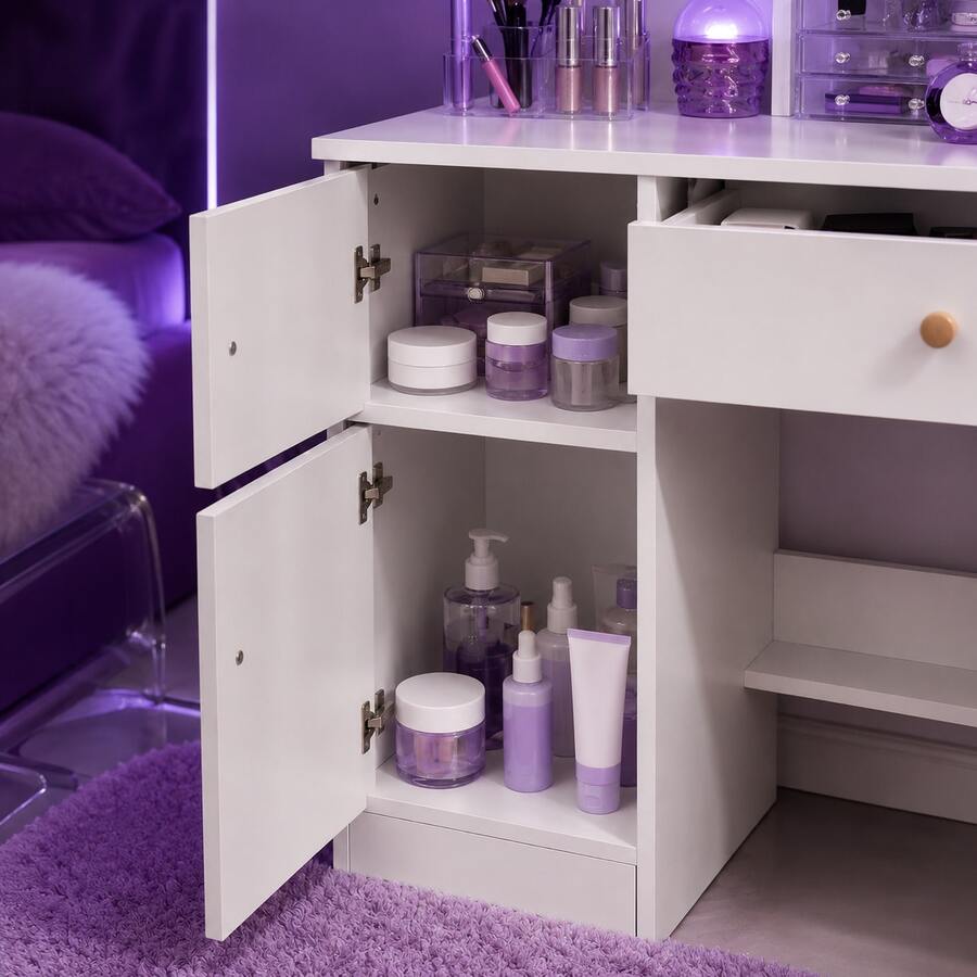 Square-Mirror LED Vanity Desk with Side Storage