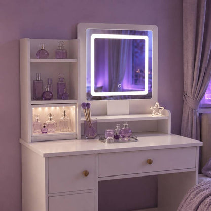 Square-Mirror LED Vanity Desk with Side Storage