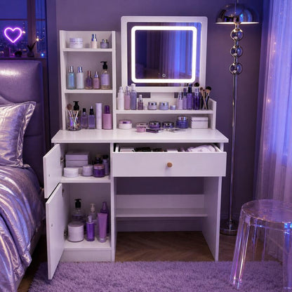 Square-Mirror LED Vanity Desk with Side Storage