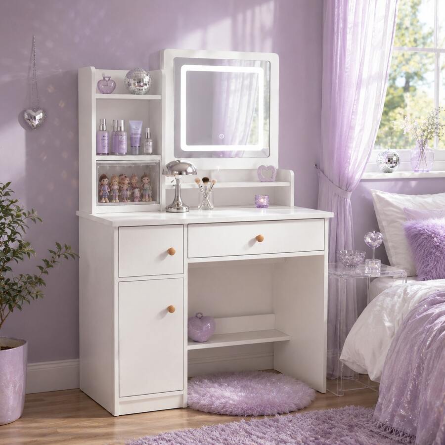 Square-Mirror LED Vanity Desk with Side Storage