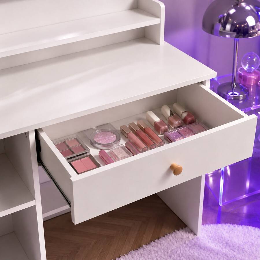 Square-Mirror LED Vanity Desk with Side Storage