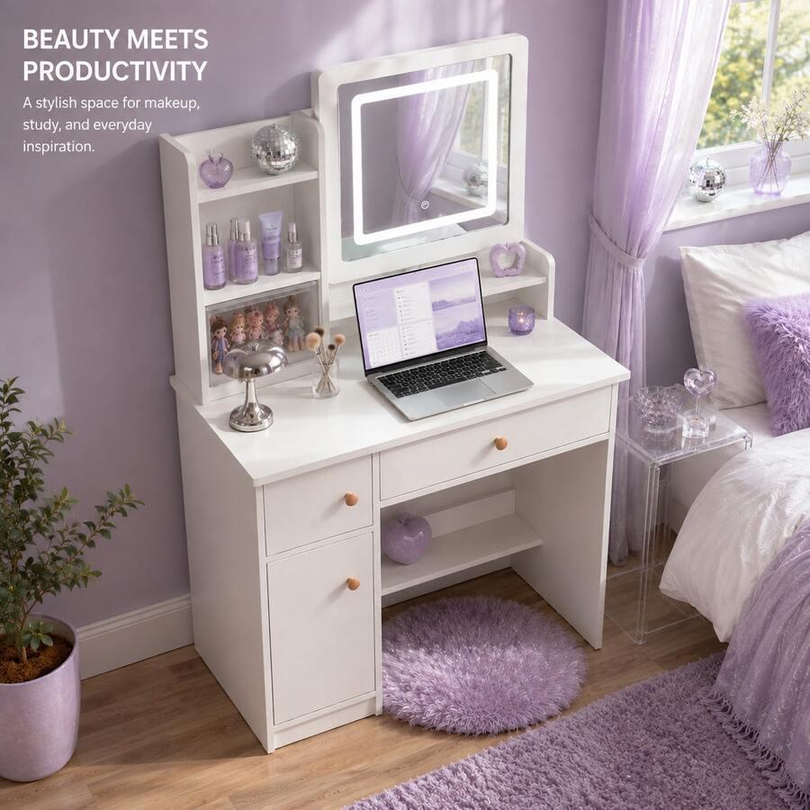 Square-Mirror LED Vanity Desk with Side Storage