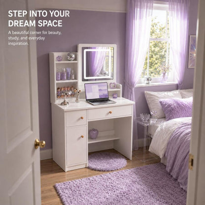 Square-Mirror LED Vanity Desk with Side Storage