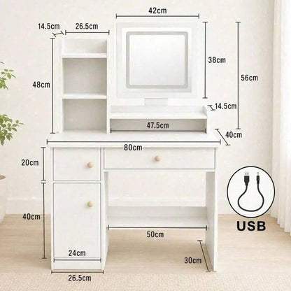 Square-Mirror LED Vanity Desk with Side Storage