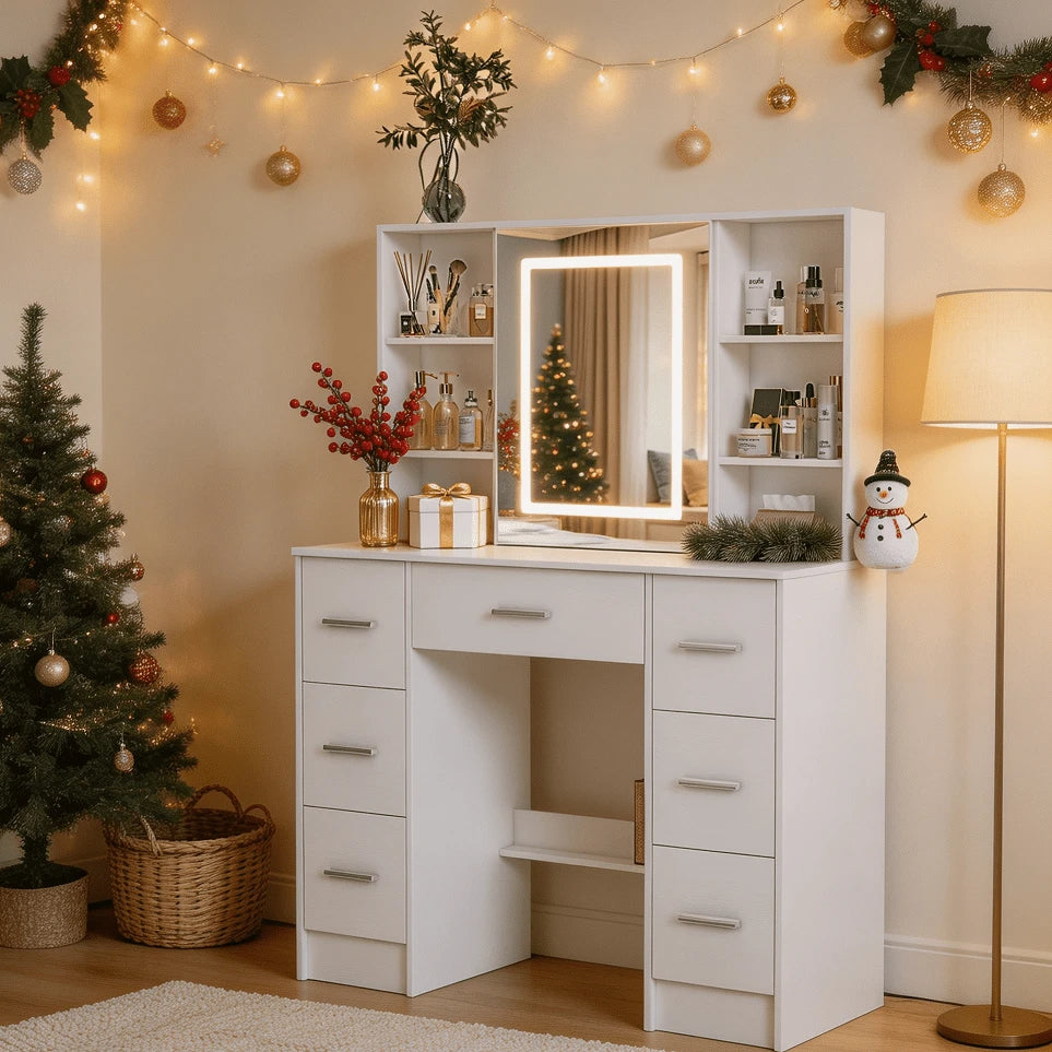 Sliding-Mirror LED Vanity with 7 Drawers & 10 Shelves