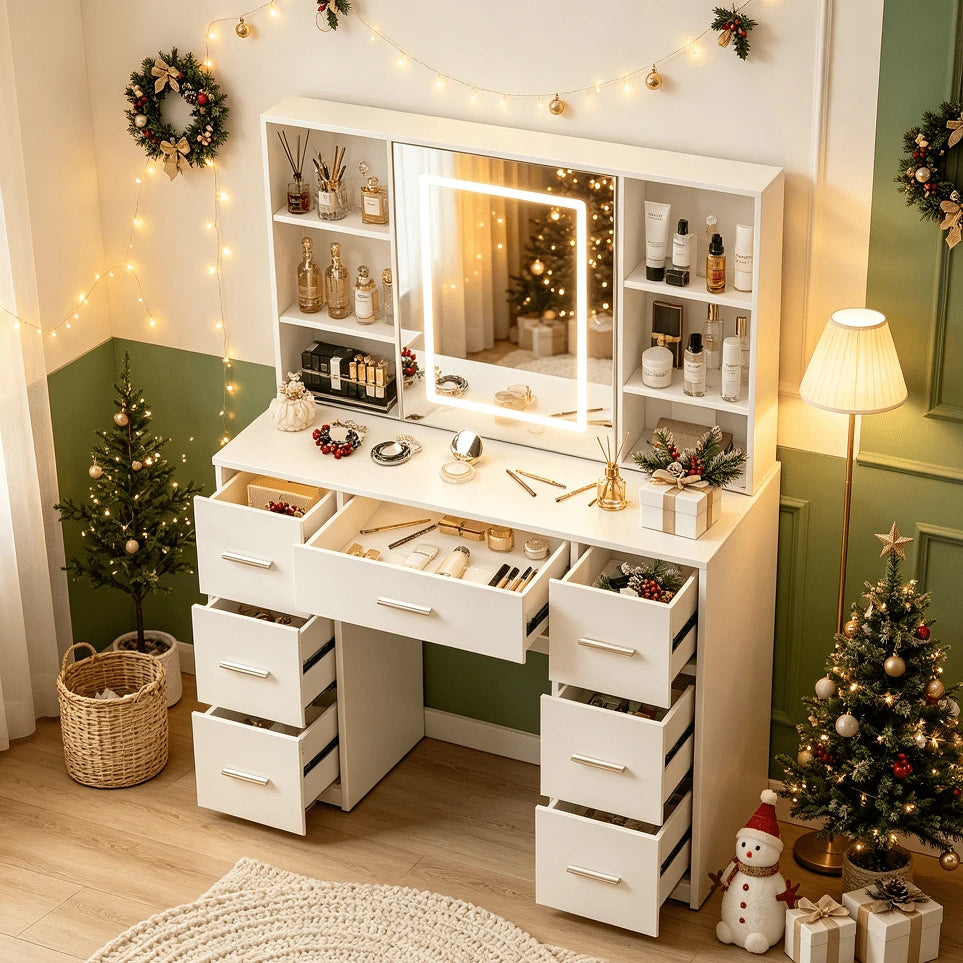 Sliding-Mirror LED Vanity with 7 Drawers & 10 Shelves