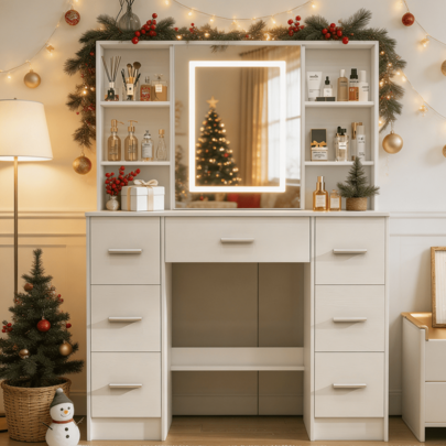 Sliding-Mirror LED Vanity with 7 Drawers & 10 Shelves