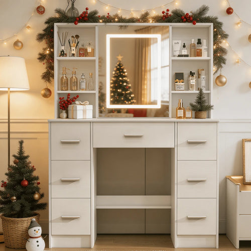 Sliding-Mirror LED Vanity with 7 Drawers & 10 Shelves