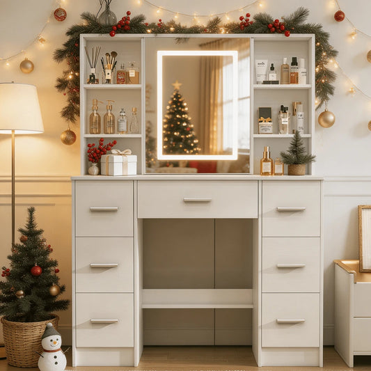 Sliding-Mirror LED Vanity with 7 Drawers & 10 Shelves
