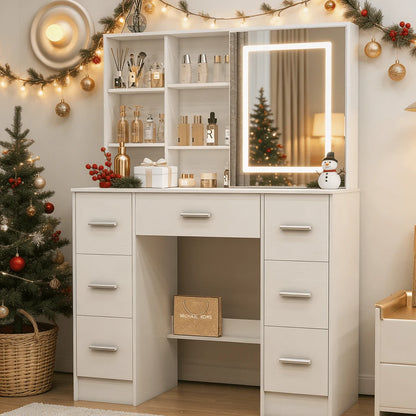 Sliding-Mirror LED Vanity with 7 Drawers & 10 Shelves