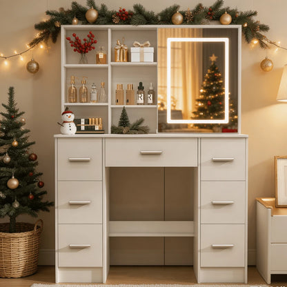Sliding-Mirror LED Vanity with 7 Drawers & 10 Shelves