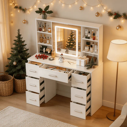 Sliding-Mirror LED Vanity with 7 Drawers & 10 Shelves