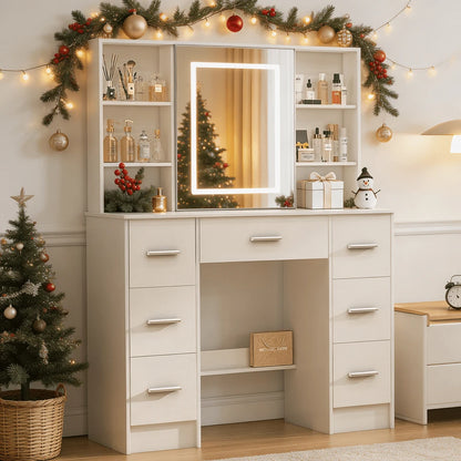 Sliding-Mirror LED Vanity with 7 Drawers & 10 Shelves