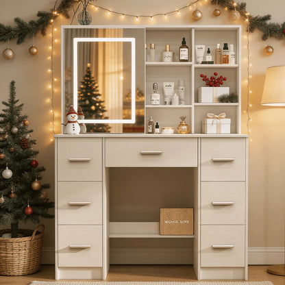 Sliding-Mirror LED Vanity with 7 Drawers & 10 Shelves