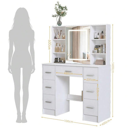 Sliding-Mirror LED Vanity with 7 Drawers & 10 Shelves