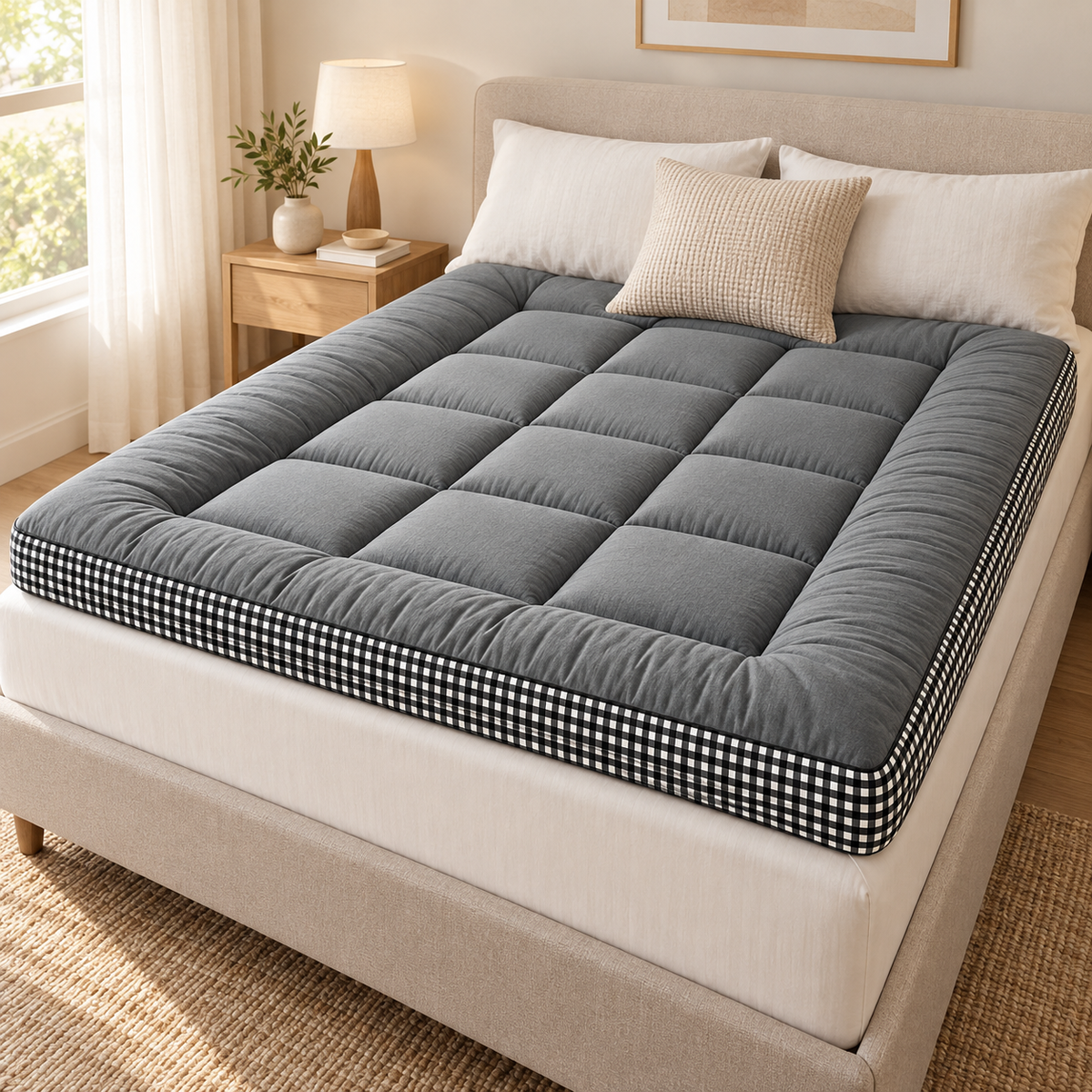 Grey quilted mattress topper with black-and-white checked border in a warm neutral bedroom