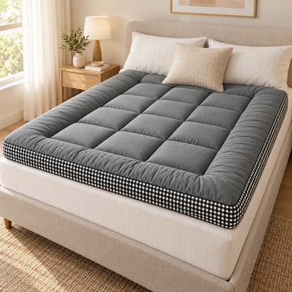 Grey quilted mattress topper with black-and-white checked border in a warm neutral bedroom