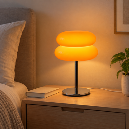 Orange double-layer ambient table lamp glowing on a bedside table