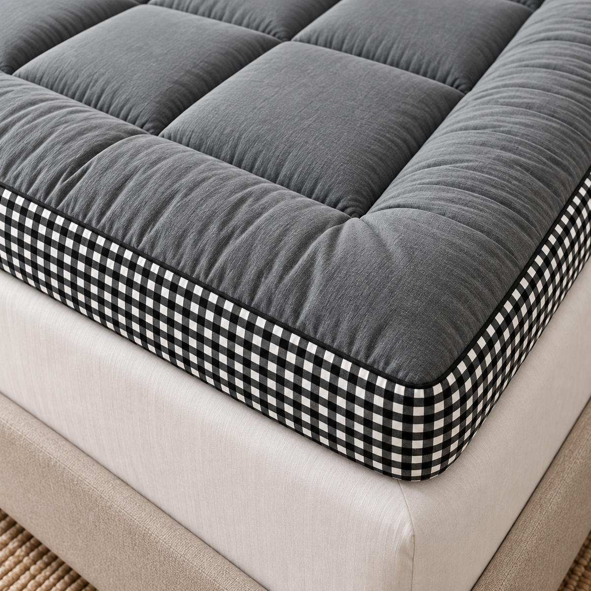Close detail of the grey quilted topper corner and black-and-white checked border