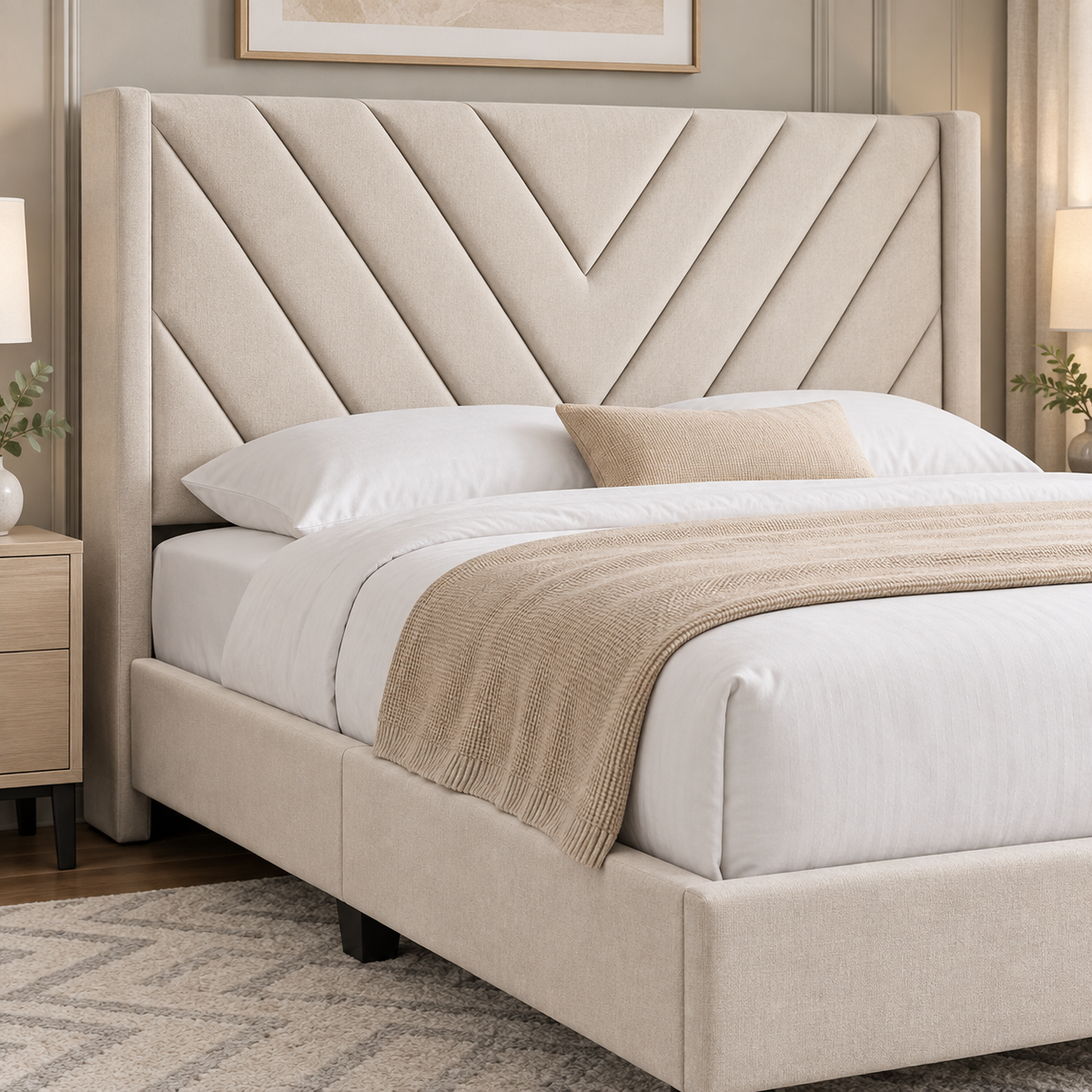 Close detail of the beige V-channel upholstered queen headboard and bed frame