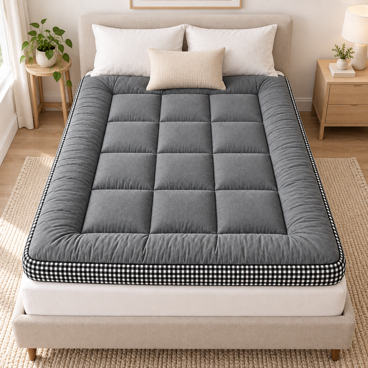 Overhead view of the full grey quilted mattress topper on a bed