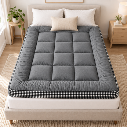 Overhead view of the full grey quilted mattress topper on a bed
