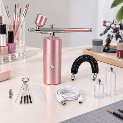 Rose-pink rechargeable mini spray gun and compressor kit arranged on a clean worktable