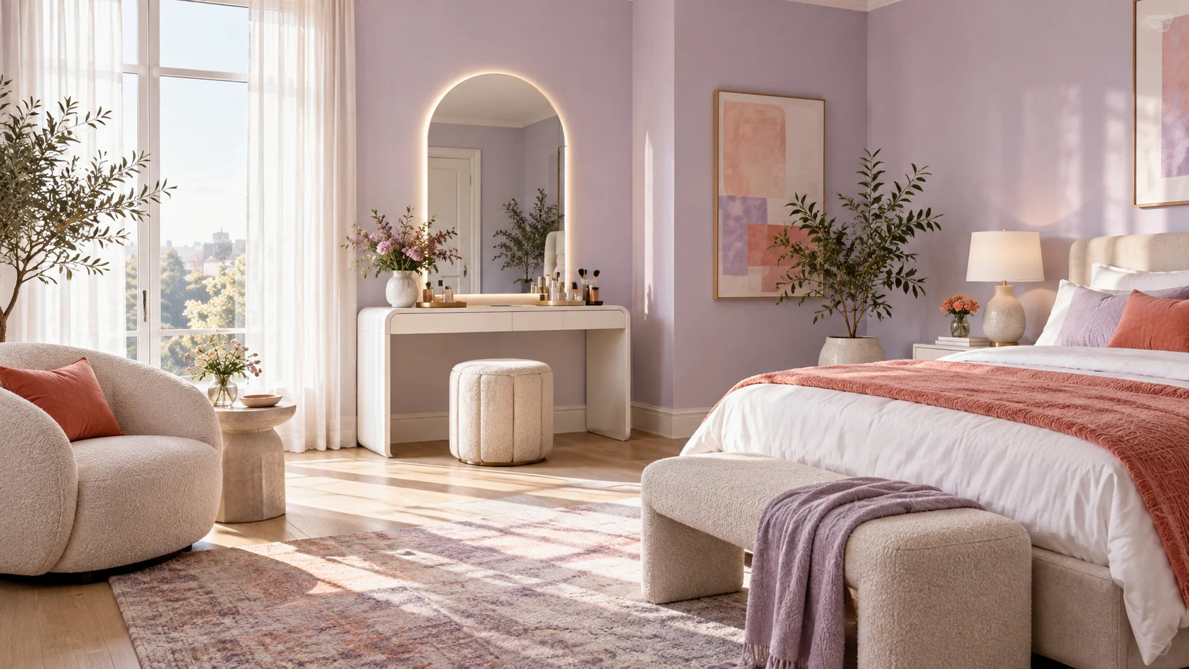 A lavender bedroom and dressing corner with coral accents — styling inspiration